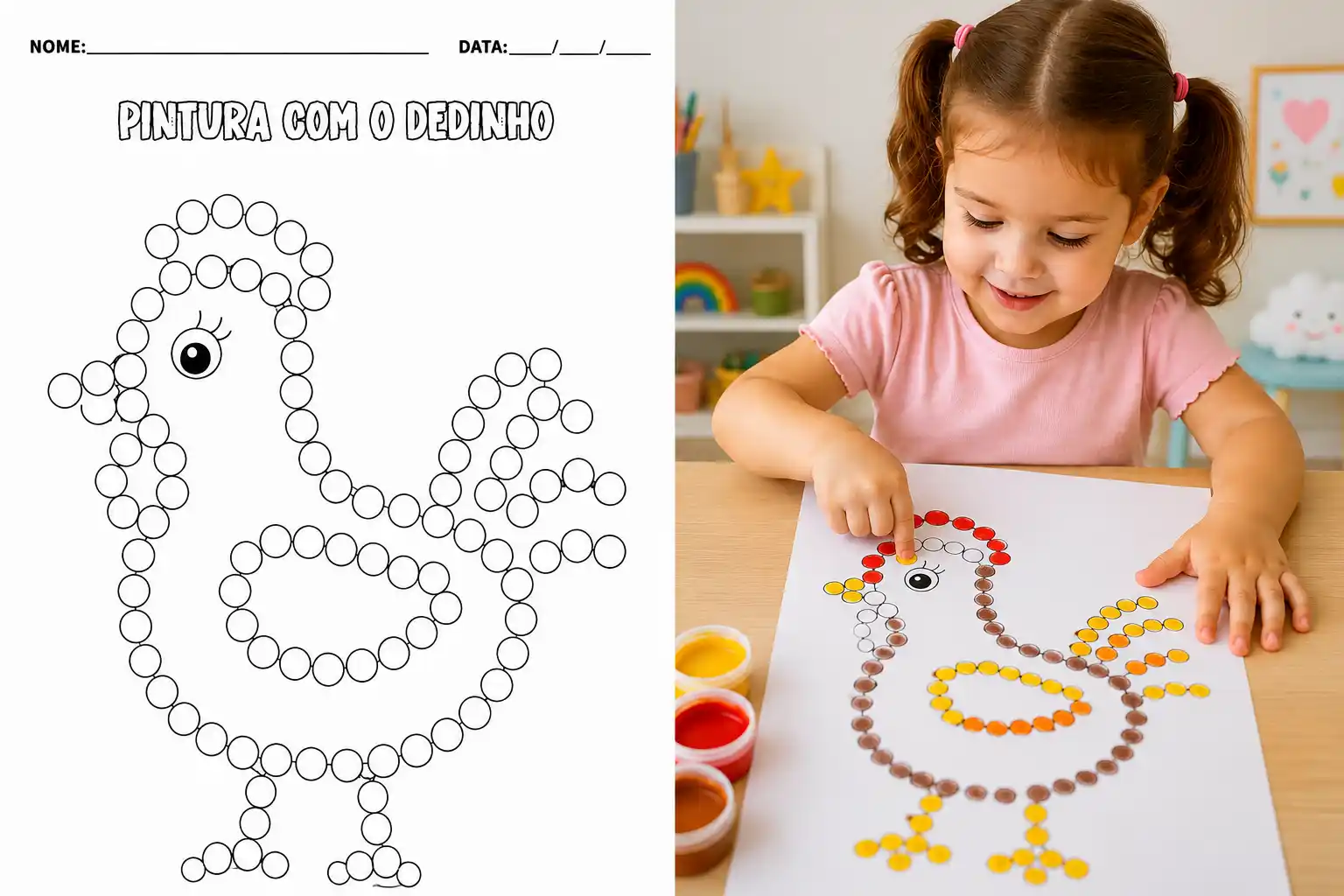 Folha de pintura sensorial com galinha sendo pintada com o dedinho